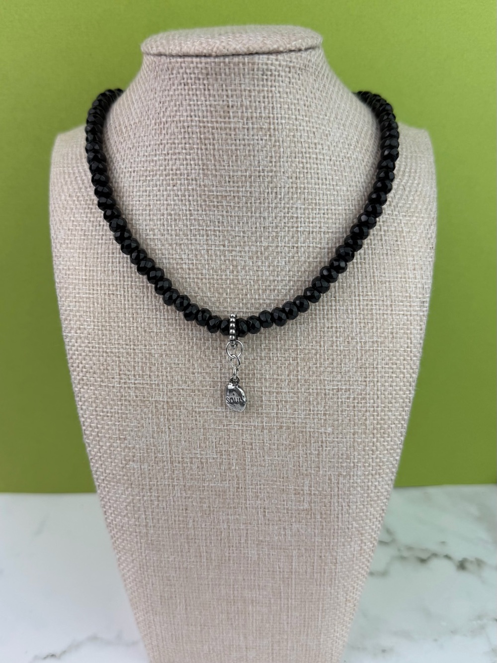Signed D.V. Sterling Silver "SOUL" Charm Black Faceted Bead Necklace